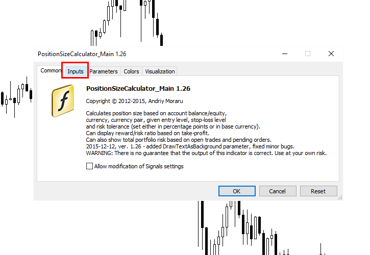 Switching to the Inputs tab when adding indicator to a new chart