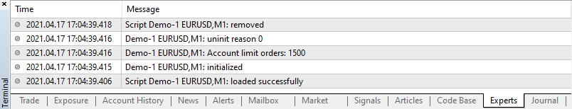 Sample Account Limit Orders Output in MT4 Platform
