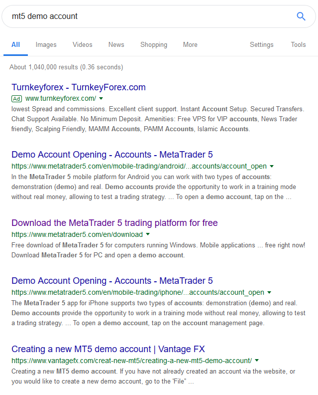 Resultados de búsqueda en Google para la consulta 'cuentas demo MT5'