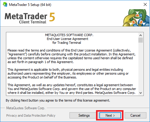 الموافقة على اتفاقية المستخدم النهائي للميتاتريدر5 أثناء تثبيت المنصة