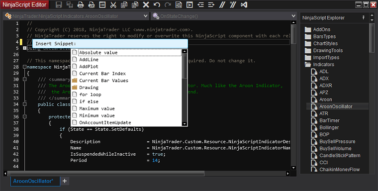 Editor De NinjaScript - Fragmento de Código