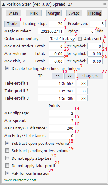Position Sizer - EA Interface - Trading Tab
