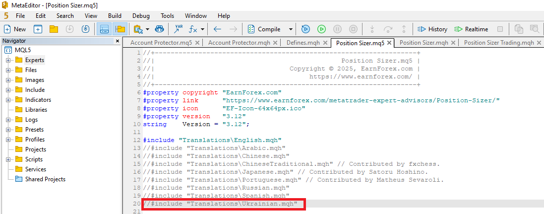 Position Sizer - Uncommenting the Translation File Include