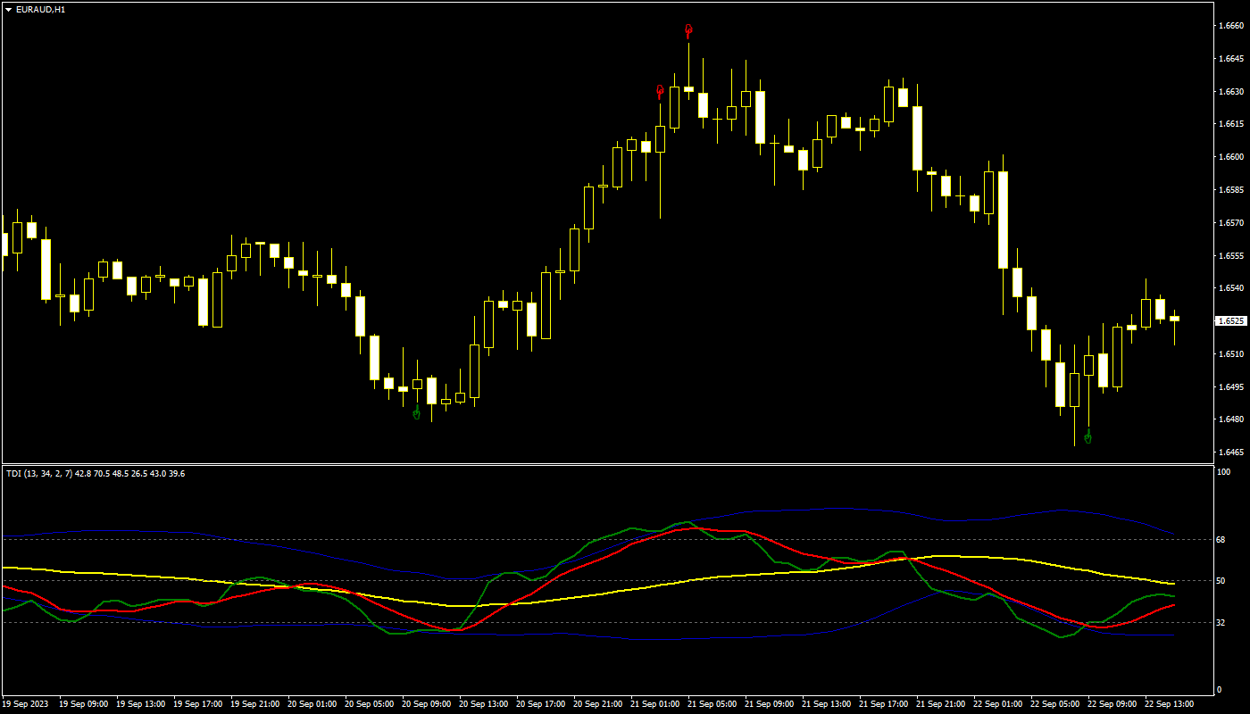 Traders Dynamic Index indicator with Hook arrows enabled