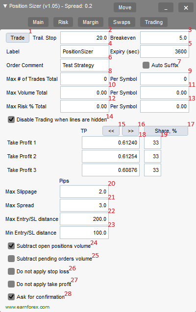 Position Sizer - интерфейс робота - вкладка торговли