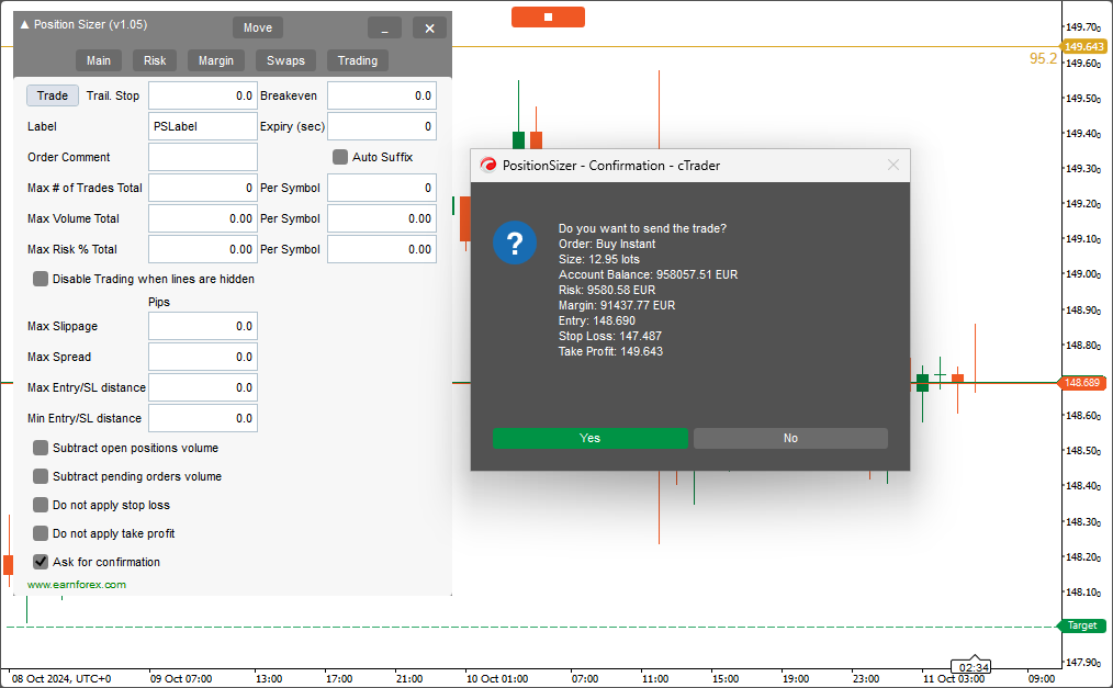 Робот Position Sizer - Окно подтверждения ордера
