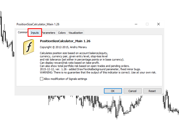 Switching to the Inputs tab when adding indicator