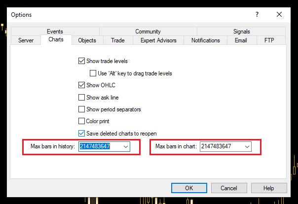 将 MT4 历史烛图数量设置为最大值