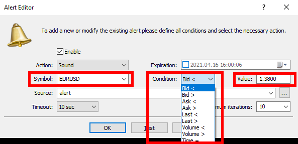 Choose Symbol, Condition and Value