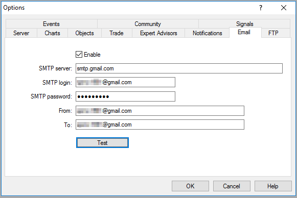 MetaTrader - Configure Email Settings