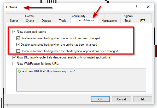 Enabling Automated Trading via Options Menu in MetaTrader 4