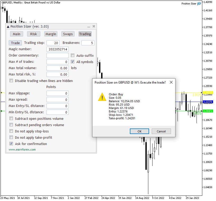 Position Sizer EA - Order confirmation window