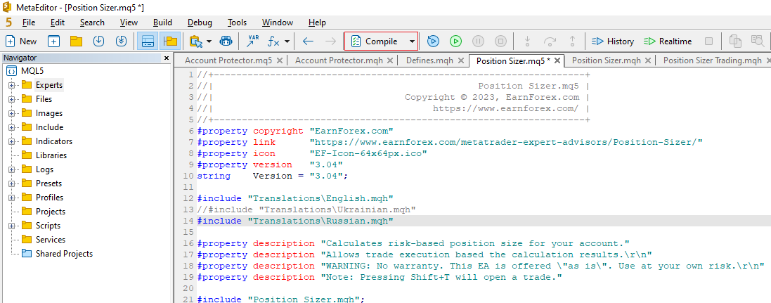 Position Sizer - Компилируем с переводом на русский язык