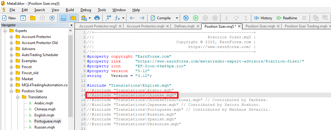 头寸数量计算器 - 取消翻译文件中“Include”的注释
