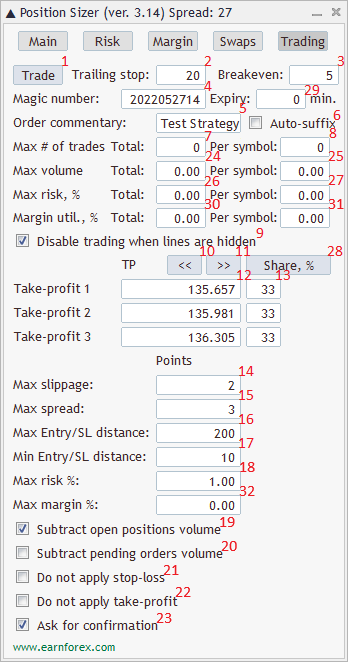 Position Sizer - EA Interface - Trading Tab