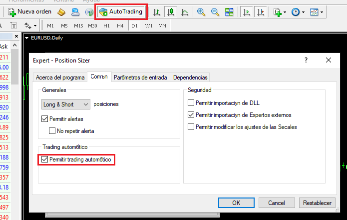 MetaTrader 4 - Permitiendo el Autotrading para los Asesores Expertos