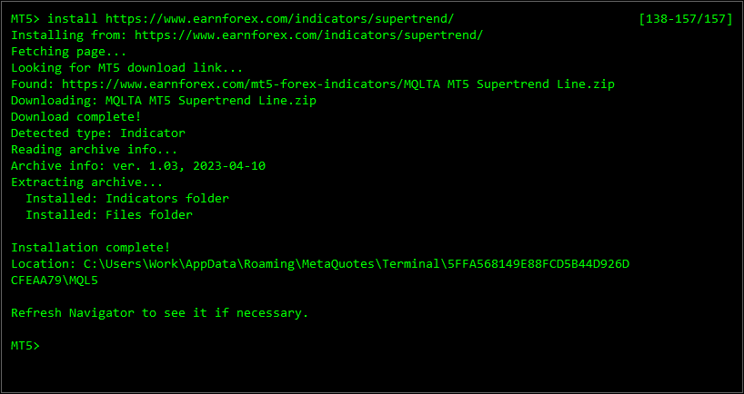 MT5 Console - Install Command Example