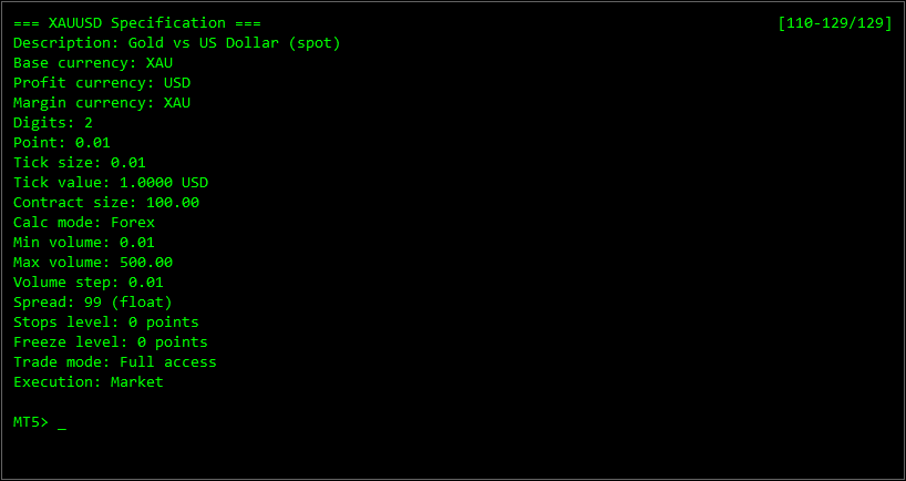 MT5 Console - Symbol Specification Example for XAUUSD